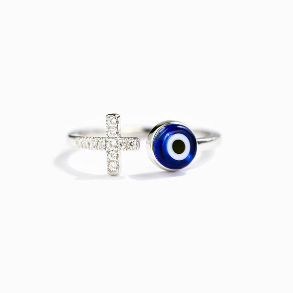 Fear no Evil Cross Ring with Evil Eye