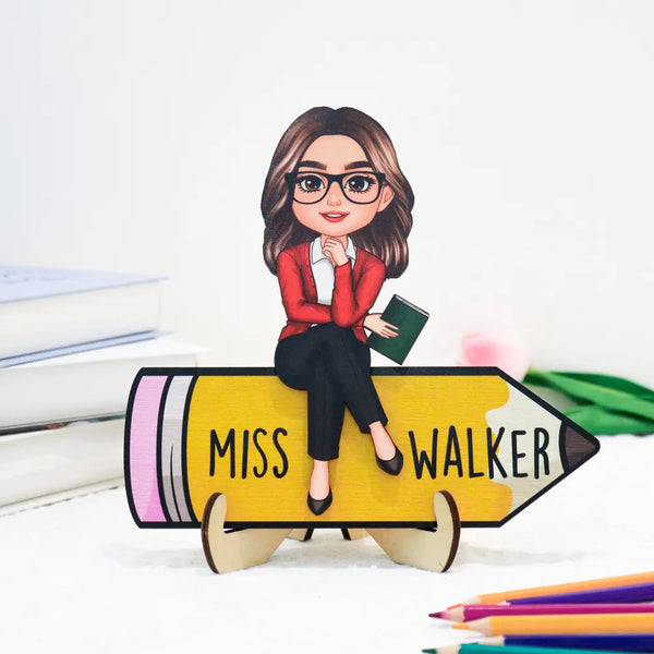 Personalized 2-Layer Wooden Plaque For Doll Teacher Sitting On Pencil