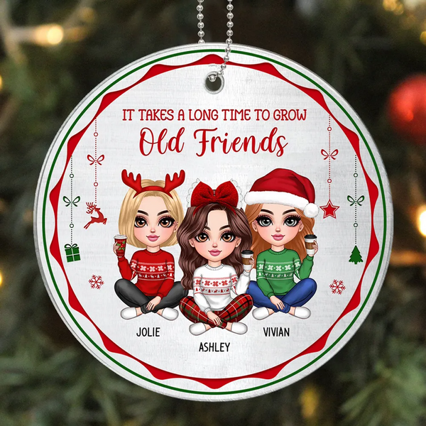 Personalized Acrylic Ornament for Pretty Besties / Sisters (Red And Green Metal Pattern)